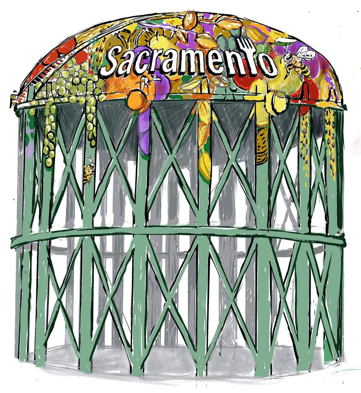 Sacramento-based artist Stephanie Taylor sketches a more compelling way to illustrate the region’s farm-to-fork heritage than merely stating so in words on today’s staid 66-year-old silver tower.